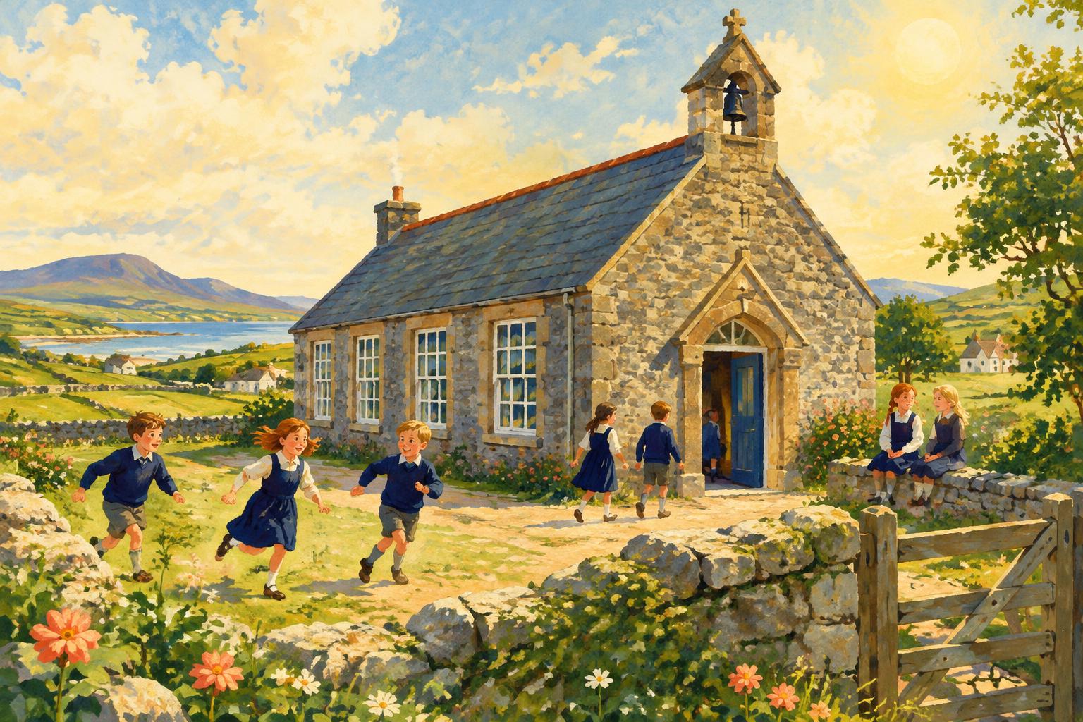 Illustration of an old Irish stone schoolhouse with children playing